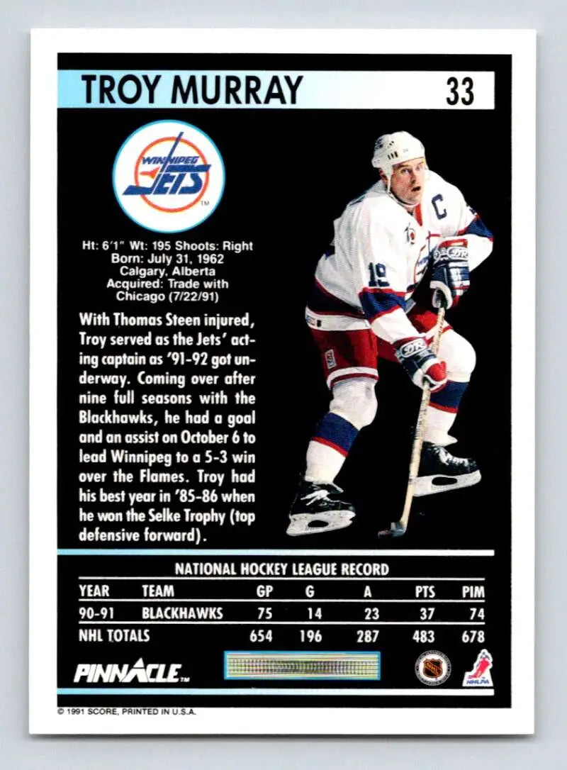 Hockey card of Troy Murray in Winnipeg Jets white uniform with red and blue accents