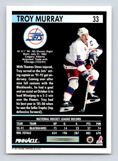 Hockey card of Troy Murray in Winnipeg Jets white uniform with red and blue accents