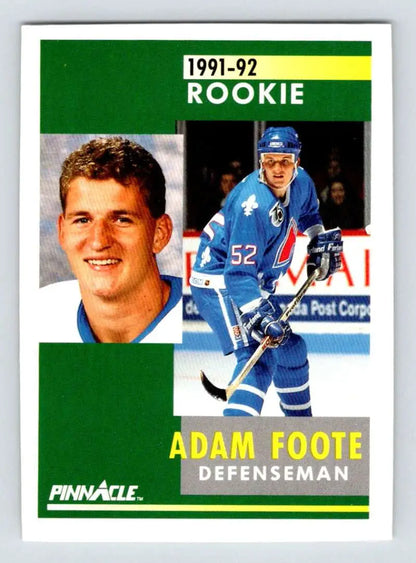 1991-92 Pinnacle Adam Foote Quebec Nordiques Hockey Card in action and portrait poses