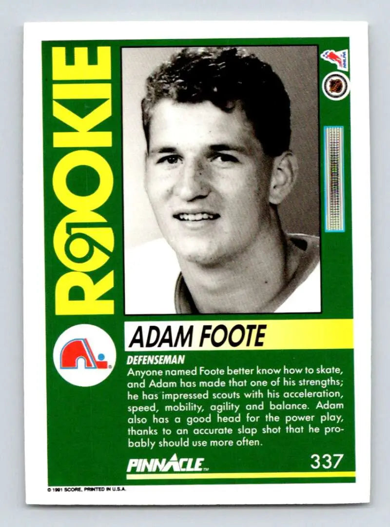 Vintage green and white Quebec Nordiques hockey card featuring Adam Foote portrait