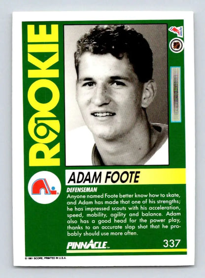 Vintage green and white Quebec Nordiques hockey card featuring Adam Foote portrait