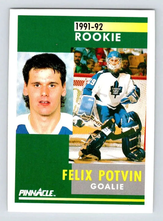 1991-92 Pinnacle Felix Potvin hockey card featuring Toronto Maple Leafs goalie