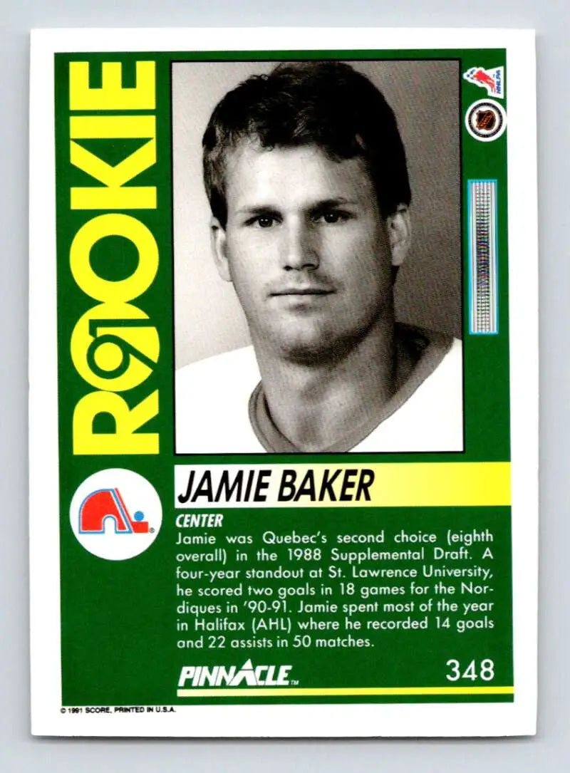 Vintage Pinnacle hockey trading card featuring Jamie Baker of the Quebec Nordiques rookie