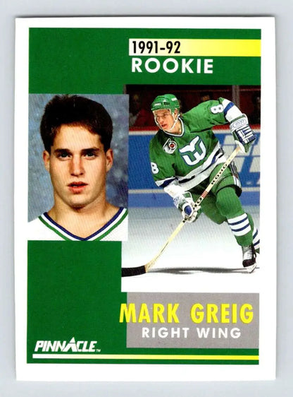 1991-92 Pinnacle Mark Greig Hockey Card featuring Hartford Whalers player in green uniform