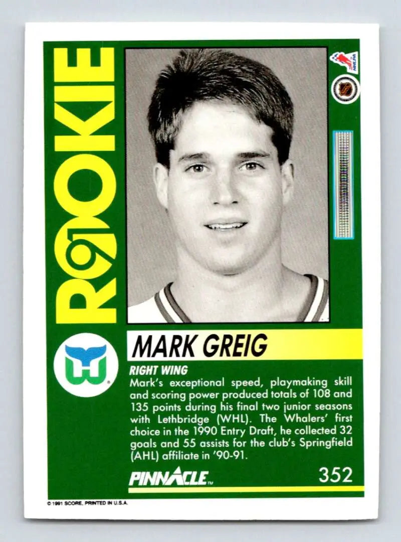 Vintage Hartford Whalers hockey card featuring Mark Greig with green borders from 1991-92