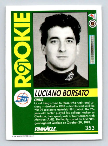 Vintage 1991-92 Winnipeg Jets Rookie card featuring Luciano Borsato’s black and white portrait