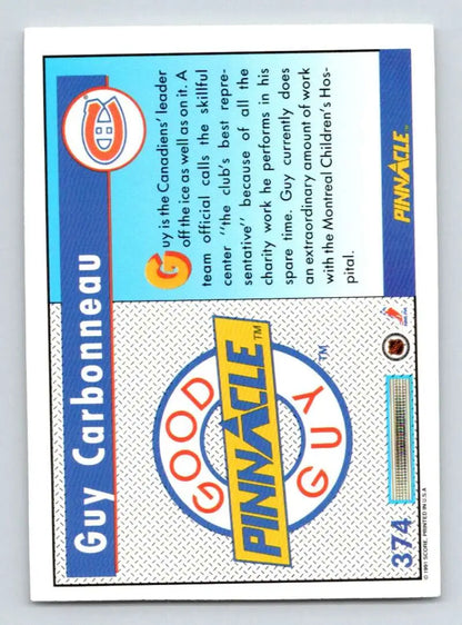 Good Pinnacle Guy logo on 1991-92 Guy Carbonneau Montreal Canadiens hockey card