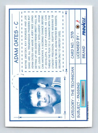 Blue-tinted identification card with photo and text for Adam Oates Louis Blues hockey card