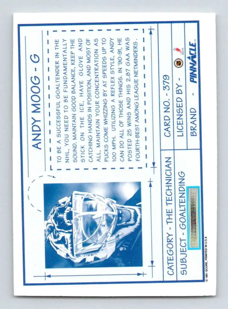 Blueprint-style drawing of a robotic goat head on Andy Moog Boston Bruins hockey card