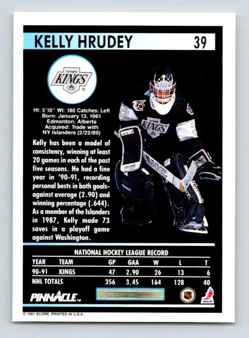 Hockey trading card of Kelly Hrudey in Los Angeles Kings uniform, 1991-92 Pinnacle