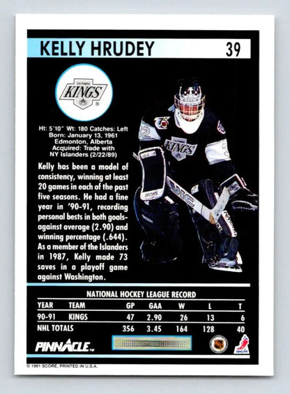 Hockey trading card of Kelly Hrudey in Los Angeles Kings uniform, 1991-92 Pinnacle