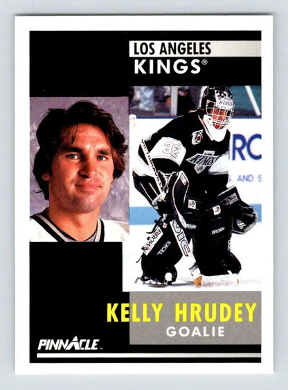 Hockey trading card of Kelly Hrudey, Los Angeles Kings goalie in action and portrait