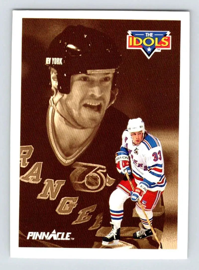Hockey trading card of Tony Amonte and Mark Messier, featuring New York Rangers in sepia and color