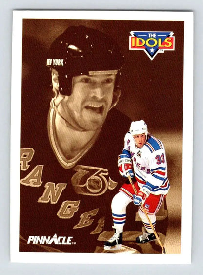 Hockey trading card of Tony Amonte and Mark Messier, featuring New York Rangers in sepia and color