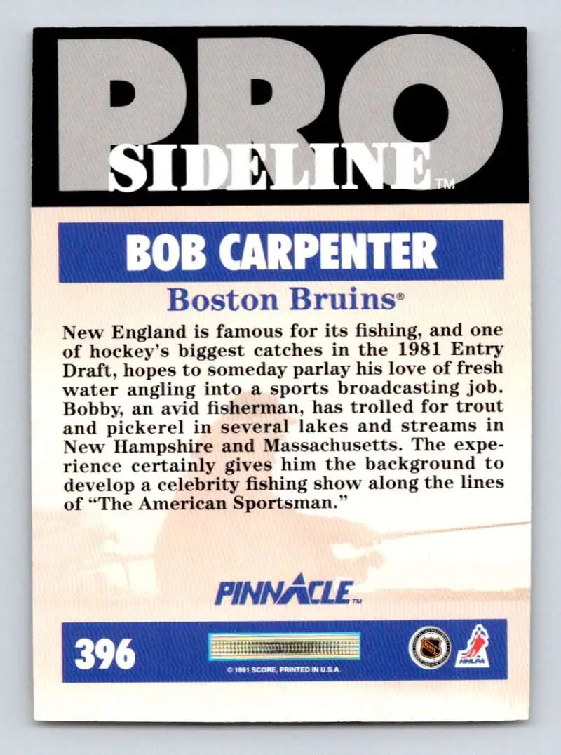 Trading card back of Bob Carpenter, Boston Bruins broadcaster and fisherman
