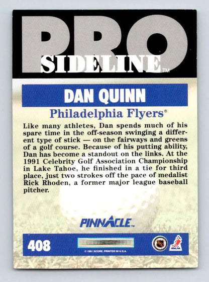 Back side of 1991 Pinnacle Pro hockey card featuring Dan Quinn and golfing activities