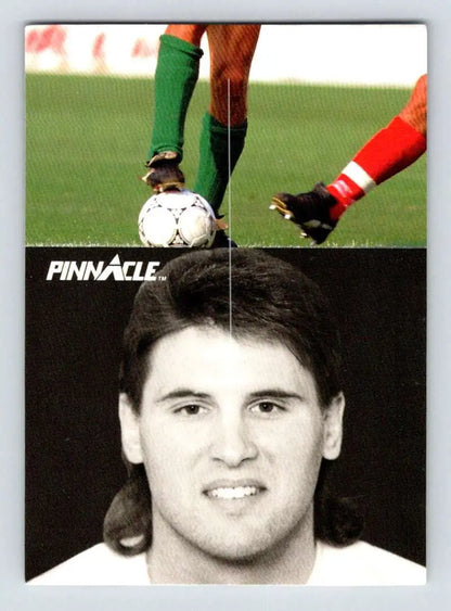 Split sports trading card featuring Peter Zezel with soccer players’ feet and ball