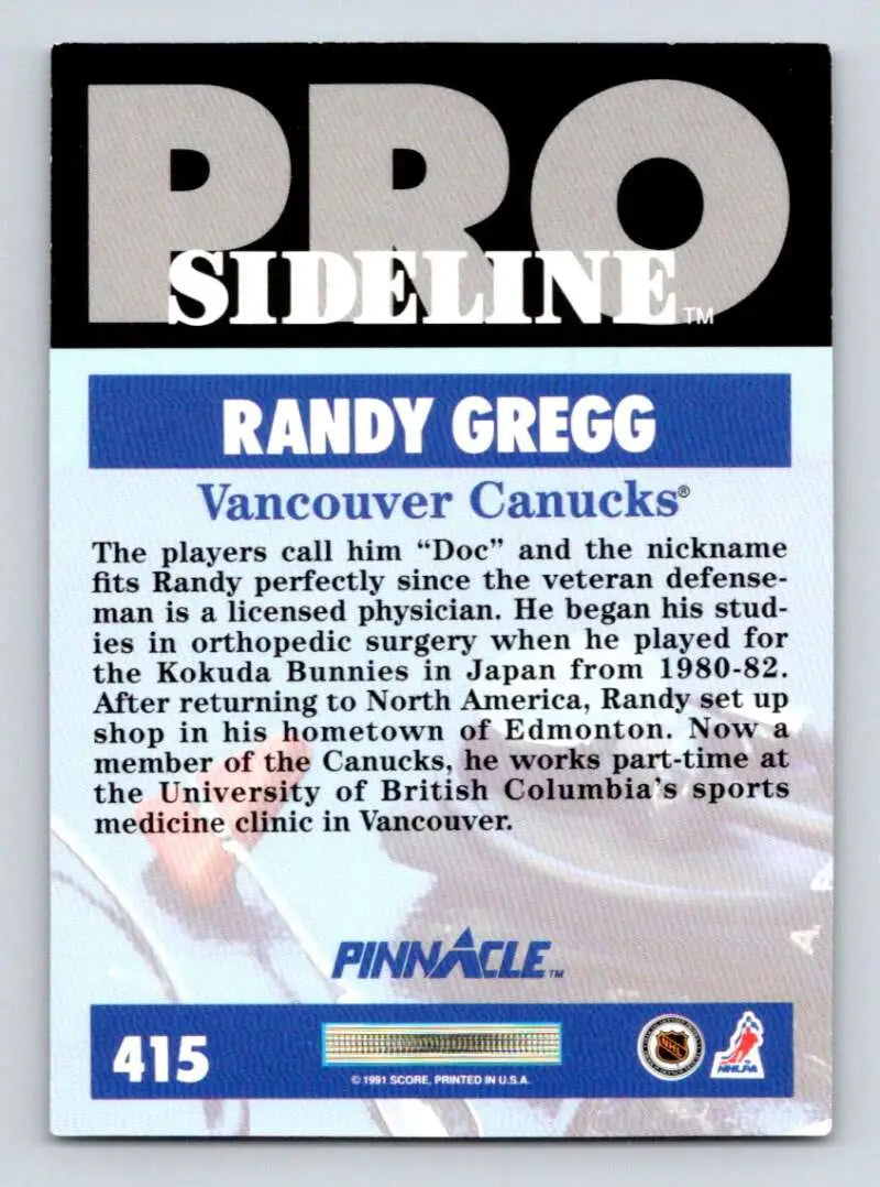 Pro Sideline hockey card of Randy Gregg with Vancouver Canucks from Pinnacle