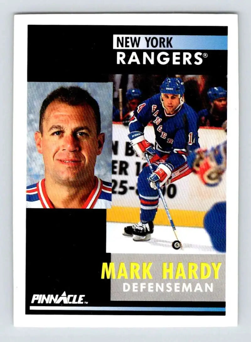 1991-92 Pinnacle Mark Hardy New York Rangers Hockey Card with action and portrait images