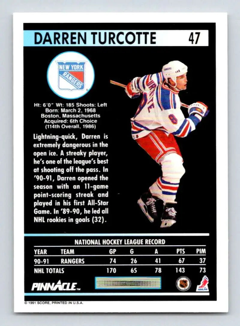 Hockey card featuring Darren Turcotte of the New York Rangers in action