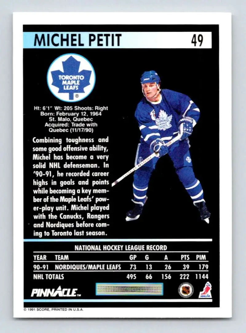 Hockey trading card of Michel Petit in blue Toronto Maple Leafs uniform, 1991-92 Pinnacle