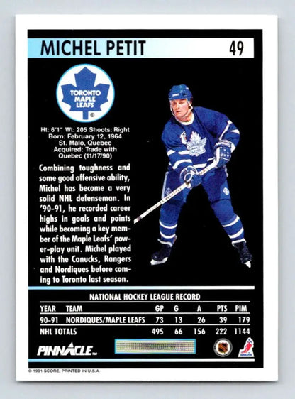 Hockey trading card of Michel Petit in blue Toronto Maple Leafs uniform, 1991-92 Pinnacle
