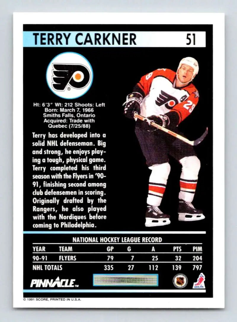 Hockey card of Terry Carkner in Philadelphia Flyers orange and white uniform