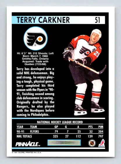 Hockey card of Terry Carkner in Philadelphia Flyers orange and white uniform