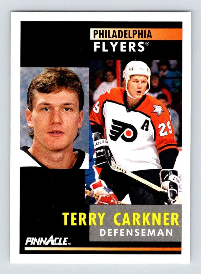 Hockey card of Terry Carkner in action and portrait for Philadelphia Flyers fans