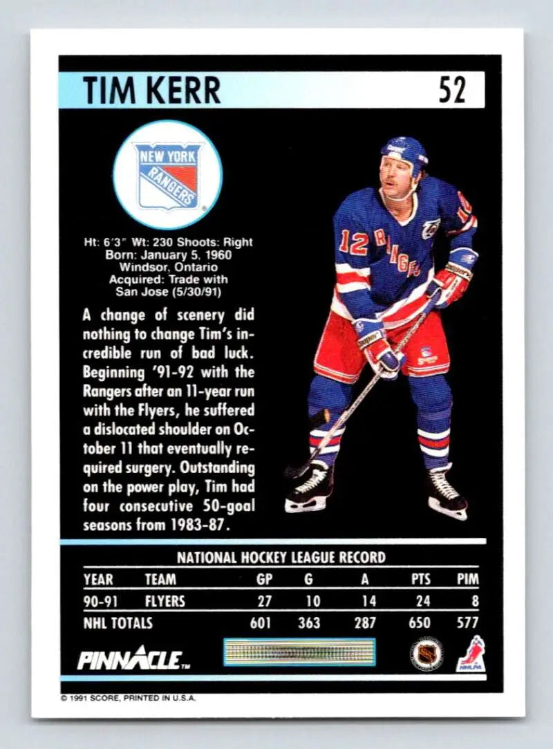 Hockey card of Tim Kerr in New York Rangers red, white, and blue uniform