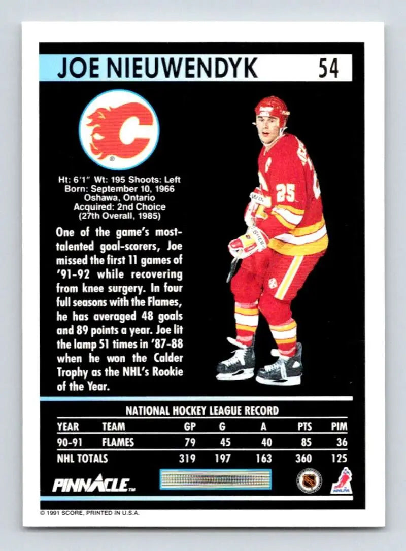 Calgary Flames Hockey trading card of Joe Nieuwendyk in red and yellow uniform