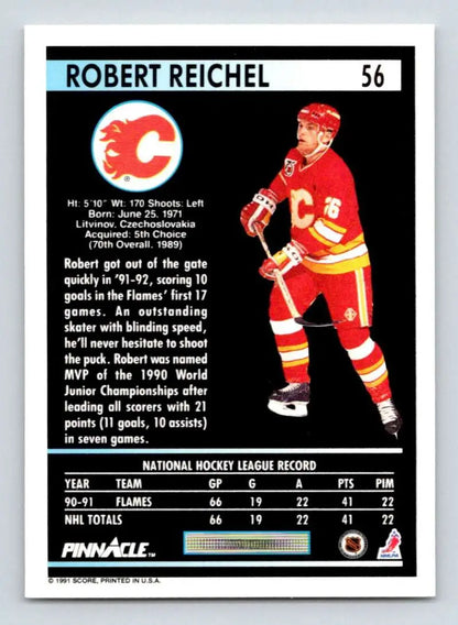 1991-92 Pinnacle Robert Reichel Calgary Flames Hockey Card in red and yellow uniform