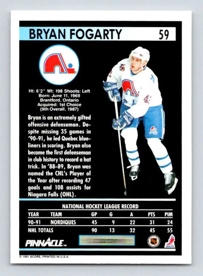 Bryan Fogarty Quebec Nordiques hockey card from 1991-92 Pinnacle in NM-MT condition