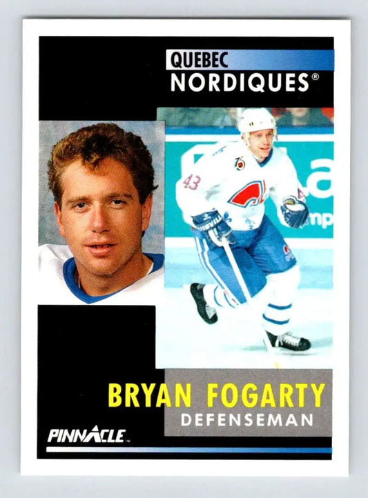 Hockey card of Bryan Fogarty, Quebec Nordiques defenseman with action and headshot photos