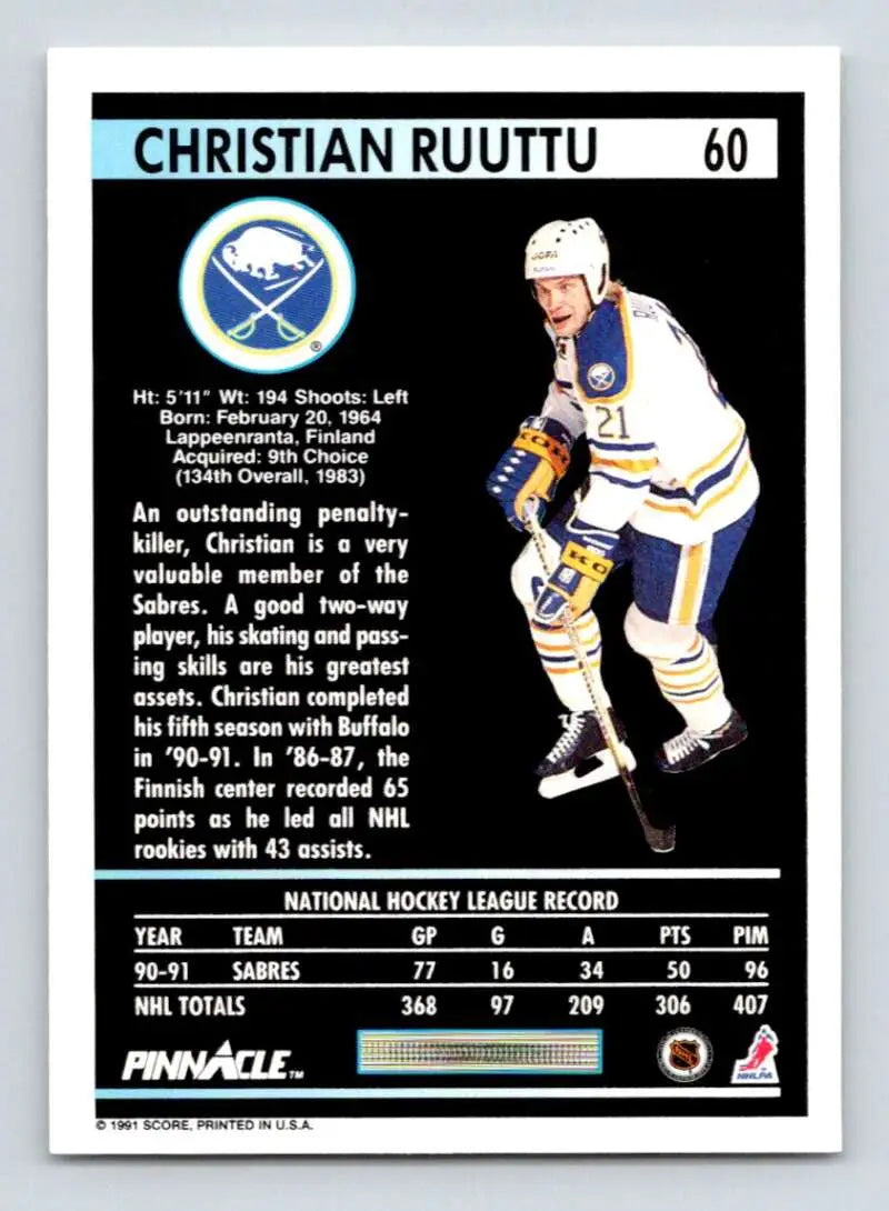 Christian Ruuttu Buffalo Sabres hockey card in white uniform with blue and yellow accents