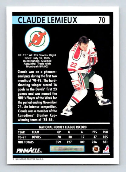 Hockey card of Claude Lemieux from the New Jersey Devils, Pinnacle brand, number 22