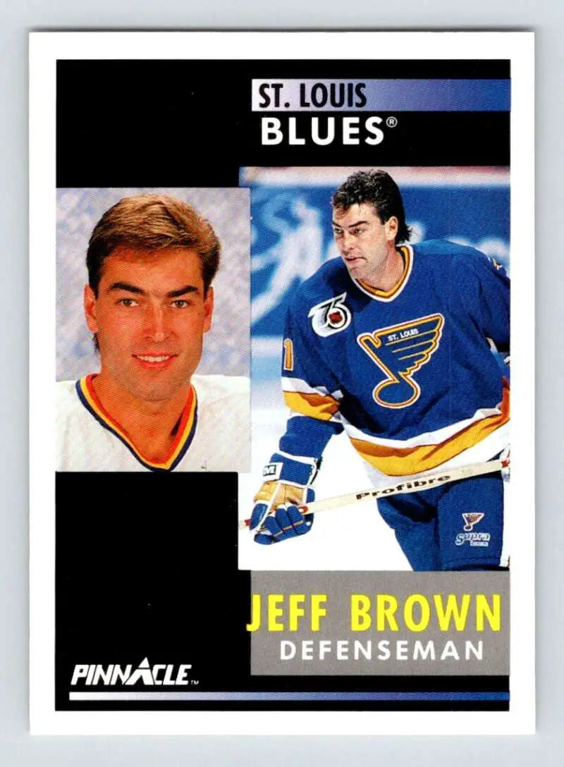 Hockey card of Jeff Brown, St. Louis Blues defenseman in action and portrait poses