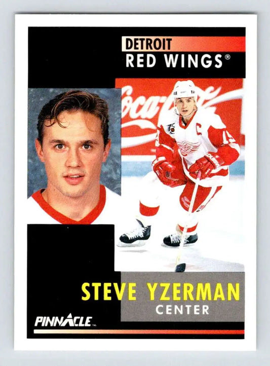 Hockey trading card featuring Steve Yzerman of the Detroit Red Wings in action and portrait