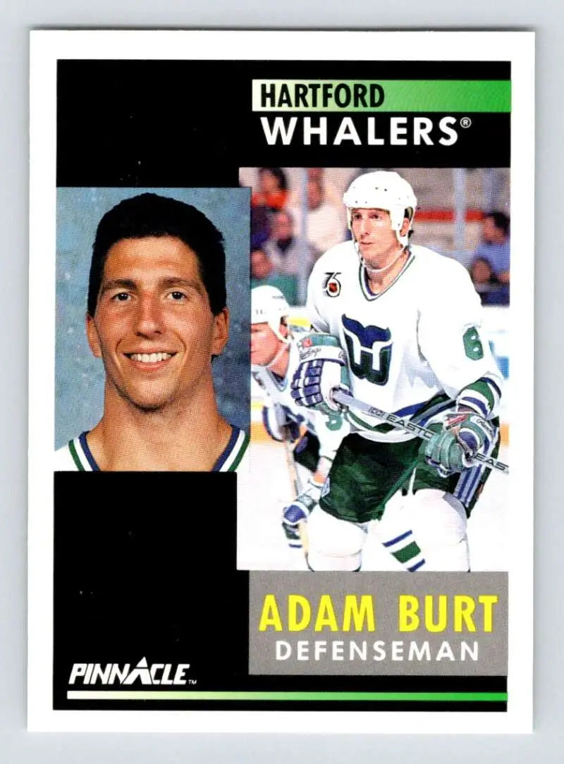 Hockey card of Adam Burt from 1991-92 Pinnacle featuring Hartford Whalers poses