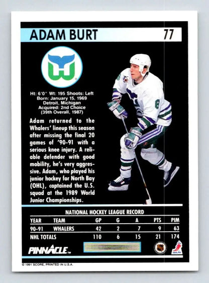 Hockey card of Adam Burt in Hartford Whalers uniform number 77, 1991-92 Pinnacle