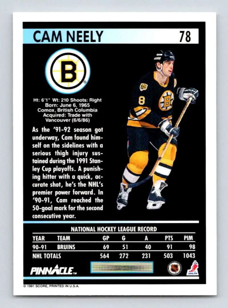 Hockey card of Cam Neely in Boston Bruins black and gold jersey from 1991-92 Pinnacle