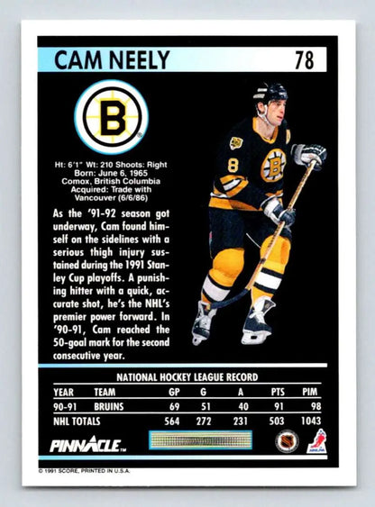 Hockey card of Cam Neely in Boston Bruins black and gold jersey from 1991-92 Pinnacle