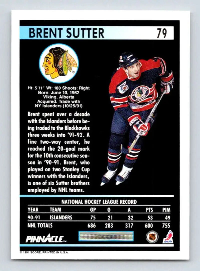 Chicago Blackhawks hockey card featuring Brent Sutter wearing jersey number 79