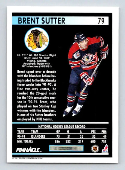 Chicago Blackhawks hockey card featuring Brent Sutter wearing jersey number 79