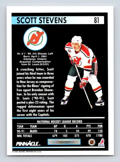 Hockey trading card of Scott Stevens from the Jersey Devils in red and white uniform