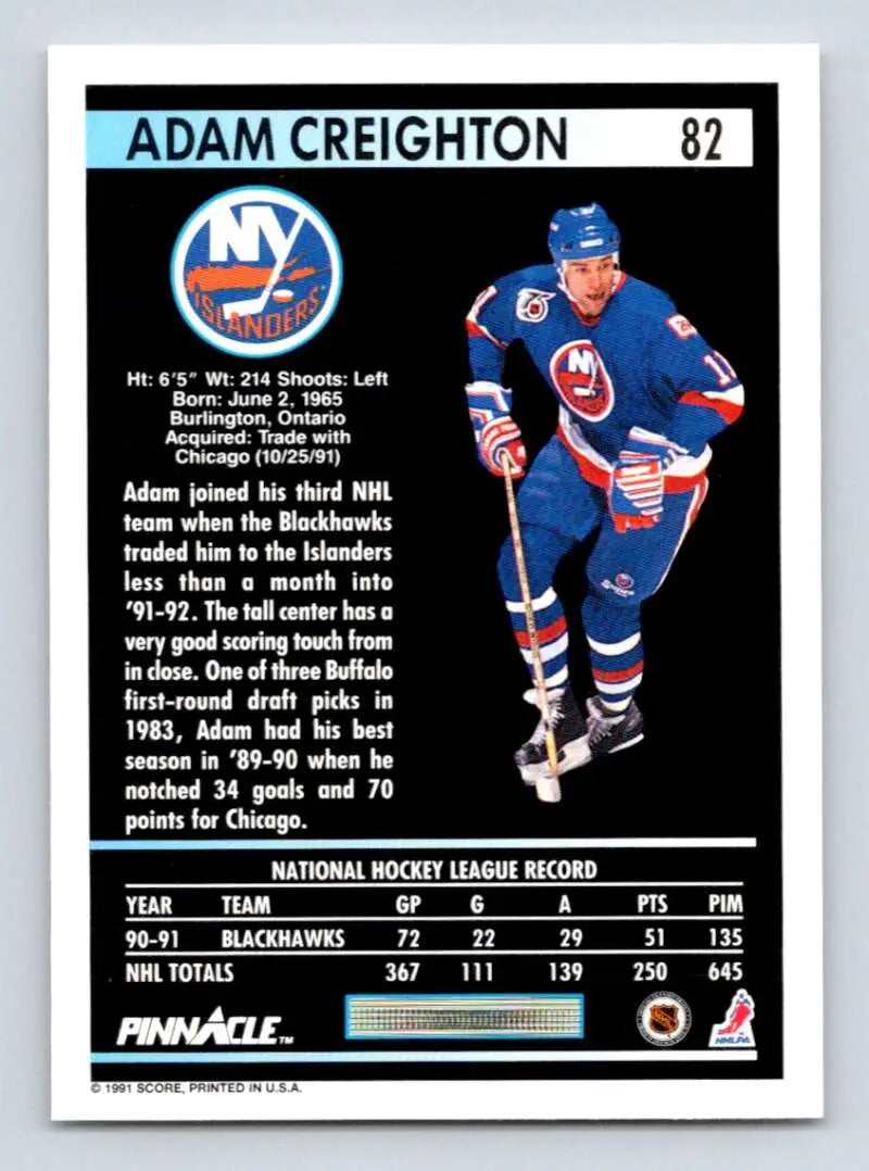 Hockey card of Adam Creighton in New York Islanders blue and orange uniform
