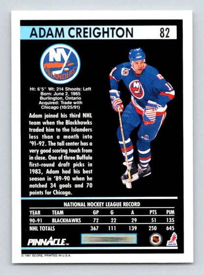 Hockey card of Adam Creighton in New York Islanders blue and orange uniform