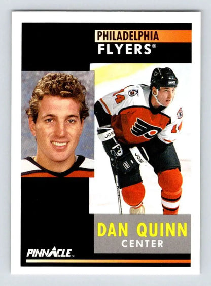 Hockey trading card of Dan Quinn in action and portrait for Philadelphia Flyers