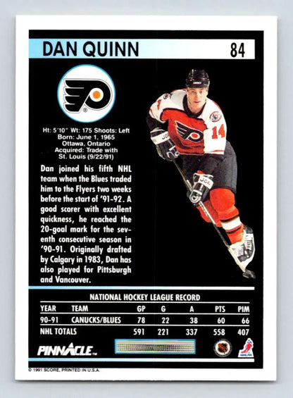 1991-92 Pinnacle Dan Quinn hockey card featuring Philadelphia Flyers jersey number 14