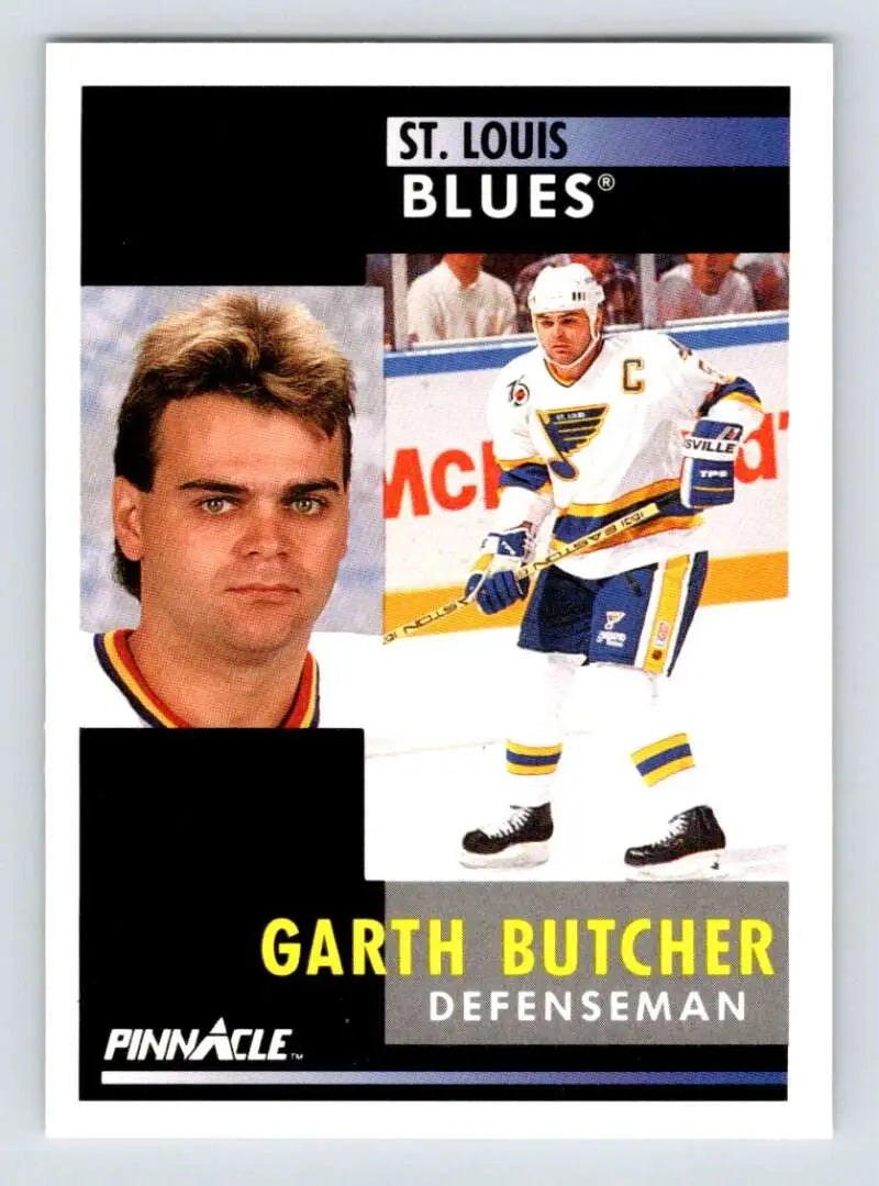 Hockey trading card of Garth Butcher, St. Louis Blues defenseman from Pinnacle brand